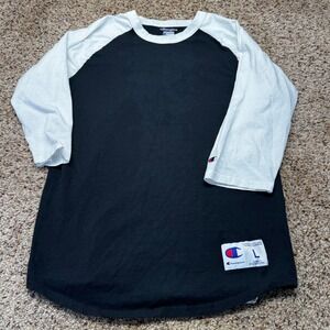 Champion Mens Raglan Baseball Tee Black White 3/4 Sleeve Jock Tag Large